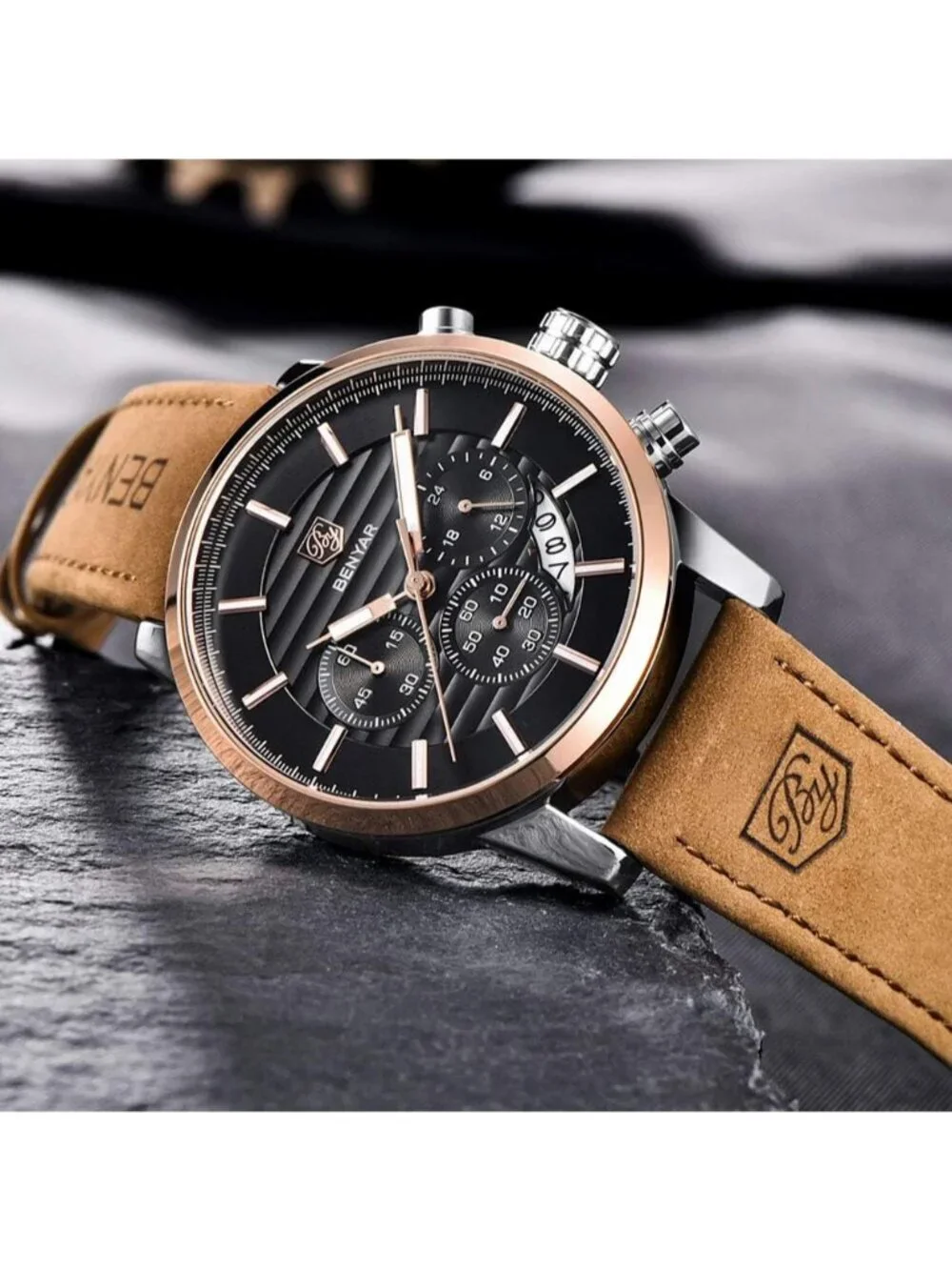Men's Brown Gold Analog Quartz Leather Strap Chronograph Waterproof Wrist Watch